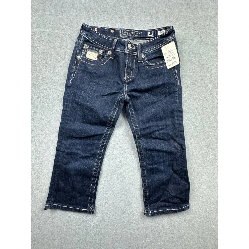 Miss Me Girls Dark Wash Denim Capri Jeans Rhinestone Lace JK6166P Size 10/12